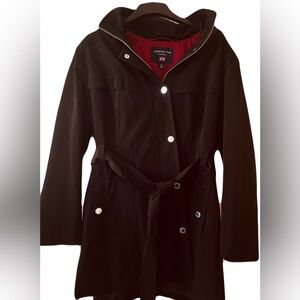 London Fog Women's Rain Coat with Belt, Removable Hood, Snap and Zipper Closure.